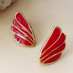 Vintage Red and Gold Enamel Stud Earrings Wings Design Statement Mod Retro Studs